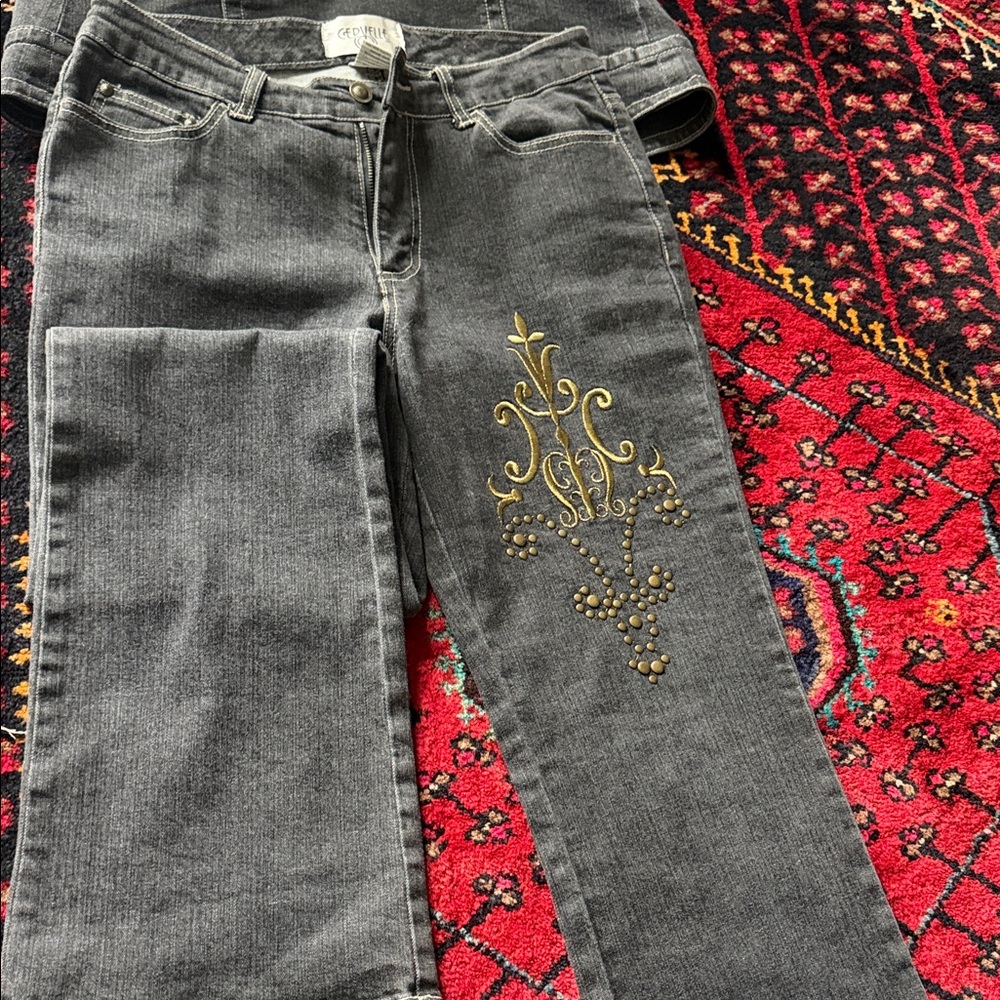 Stylish Gray Women's Flare Jeans with Gold Embroidery’s on one side.